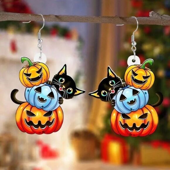 3for$20 1pair Cute Halloween Cat & Pumpkin Colored Earrings - Picture 3 of 3